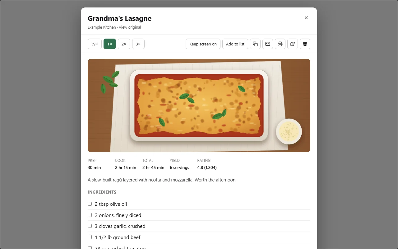Where Recipe screenshot. The recipe as a clean card, over the page.