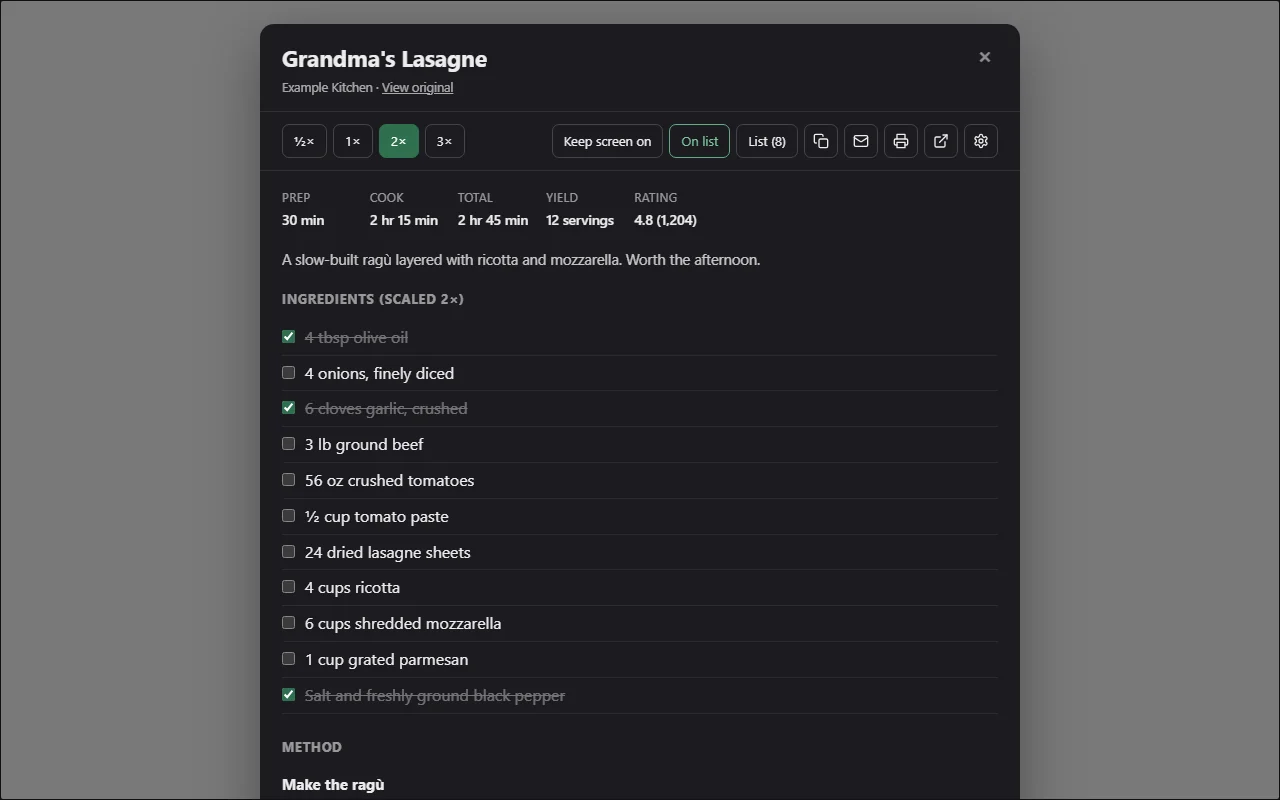 Where Recipe screenshot. Scale servings and tick off what you have. Follows your dark mode.