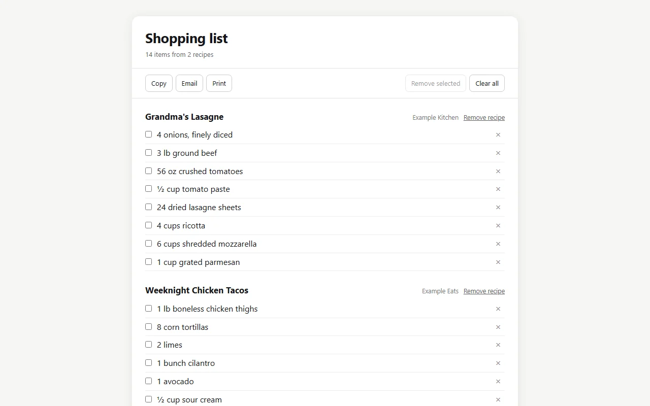 Where Recipe screenshot. One shopping list from several recipes. Copy, email or print it.