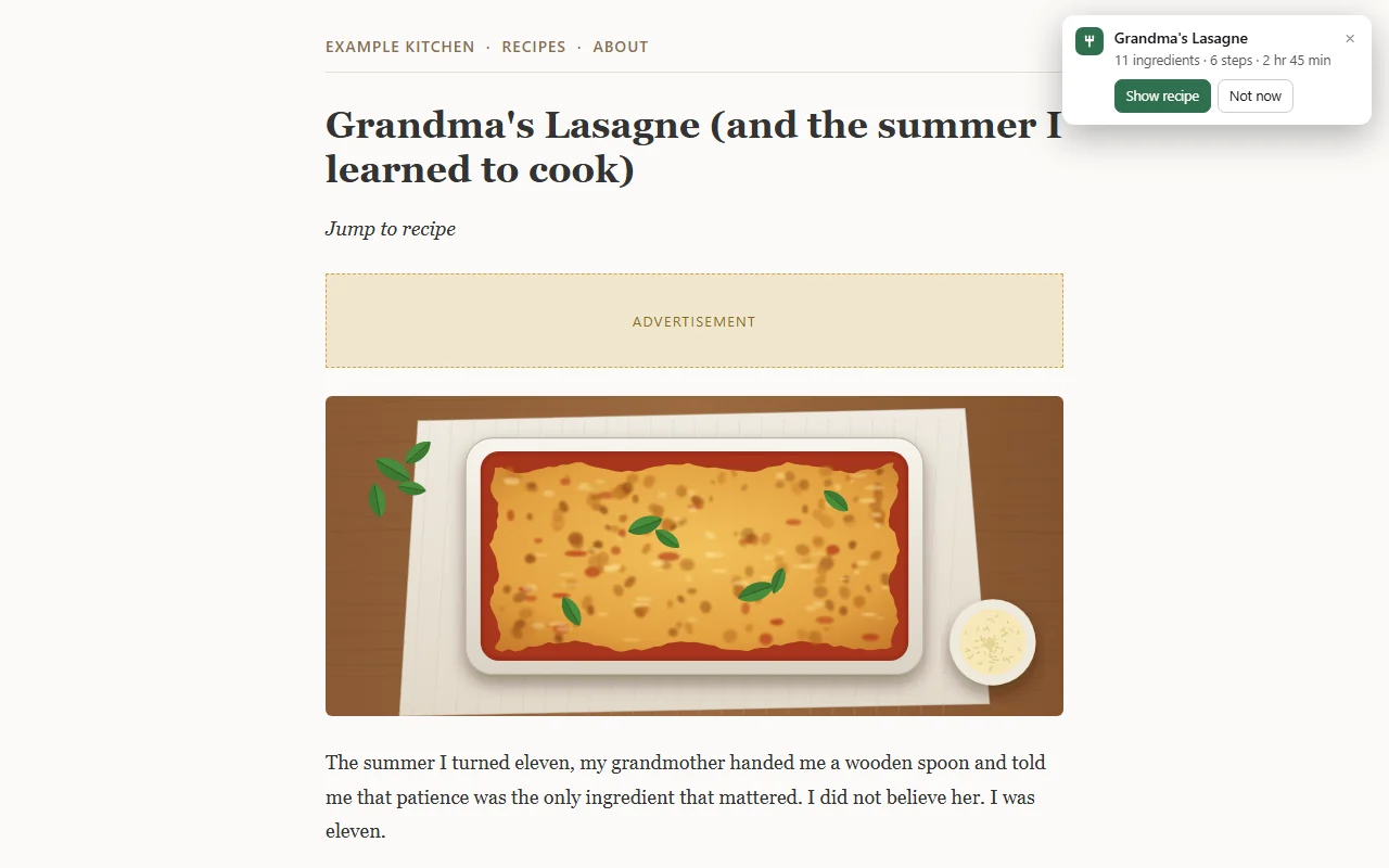 Where Recipe screenshot. On sites you opt in, a small notice instead of the full card.