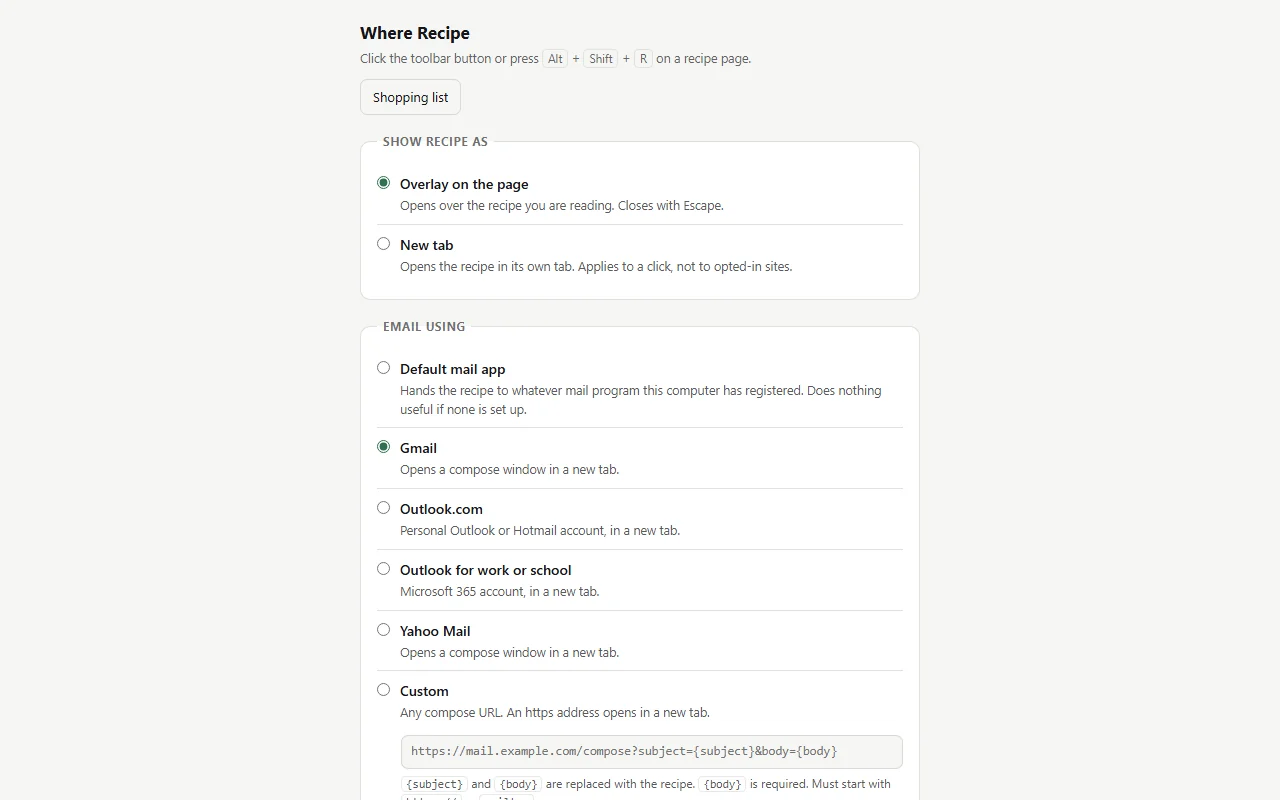 Where Recipe screenshot. Settings: display, email and opted-in sites.